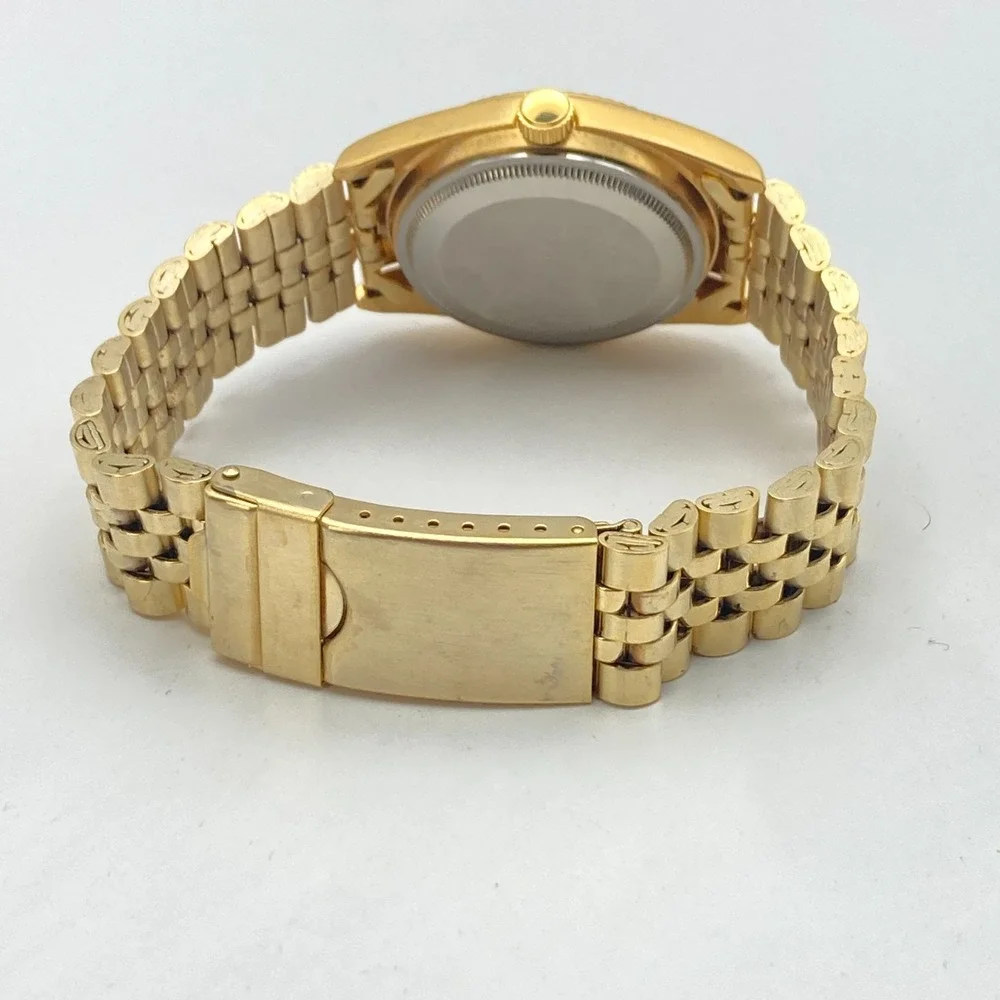 Geneva Men's Dress Watch 35mm Gold Tone Black Dial Date Bubble New Battery 7.75